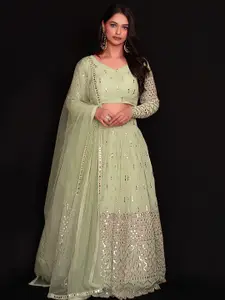 FABPIXEL Embroidered Mirror Work Semi-Stitched Lehenga & Unstitched Blouse With Dupatta