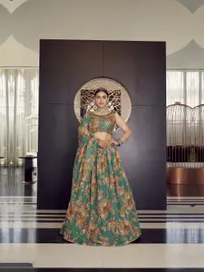 Fusionic Printed Sequinned Organza Semi-Stitched Lehenga & Unstitched Blouse With Dupatta