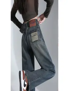 StyleCast Women Straight Fit High-Rise Mildly Distressed Light Fade Jeans