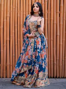 FABPIXEL Sequin Embroidered Shibori Semi-Stitched Lehenga & Unstitched Blouse & Dupatta