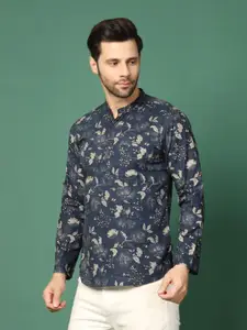 Sangria Blue Floral Printed Band Collar Regular Pure Cotton Straight Kurta