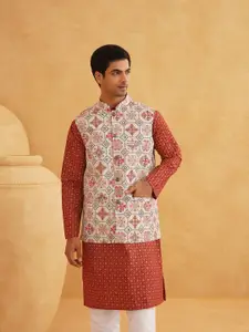 SOJANYA Floral Printed Band Collar Cotton Linen Kurta With Churidar And Nehru Jacket