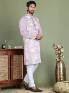 Jompers Floral Embroidered Chikankari Band Collar Straight Kurta With Pyjama