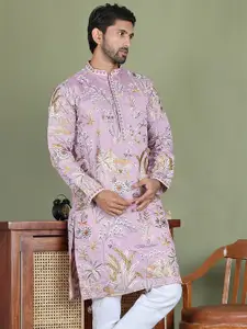 Jompers Floral Embroidered Chikankari Mandarin Collar Straight Kurta