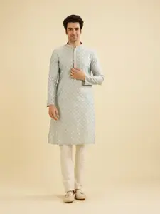 Manyavar Floral Woven Design Mandarin Collar Straight Kurta With Pyjama