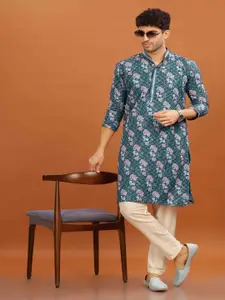 Anouk Blue Floral Printed Mandarin Collar Cotton Straight Kurta