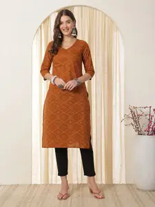 Anouk Geometric Printed Pure Cotton V-Neck Straight Kurta
