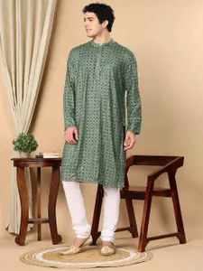 TATTVA Embroidered Thread Work Mandarin Collar Straight Kurta