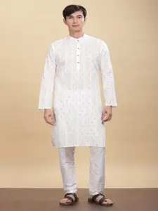 Anouk White Woven Design Band Collar Cotton Straight Kurta