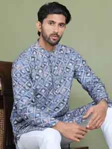 JJompers Geometric Printed Band Collar Straight Kurta