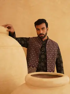 SOJANYA Floral Printed Mandarin Collar Kurta With Churidar And Nehru Jacket