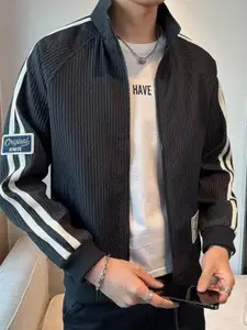 StyleCast Men Mock Collar Striped Casual Bomber Jacket
