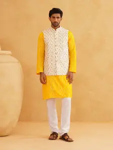 SOJANYA Leheriya Sequinned Band Collar Pure Cotton Kurta With Churidar And Nehru Jacket