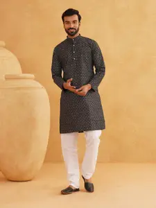 SOJANYA Floral Printed Band Collar Cotton Linen Straight Kurta With Churidar