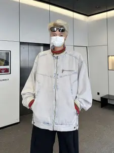 StyleCast Men Mandarin Collar Washed Solid Casual Denim Jacket