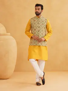 SOJANYA Band Collar Straight Kurta With Churidar And Nehru Jacket