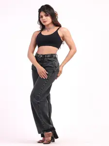 HIGH BUY Women Loose Wide Leg High-Rise Slash Knee Jeans
