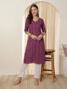 Anouk Geometric Printed V-Neck Straight Kurta