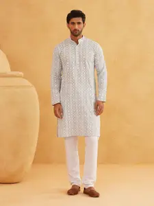 SOJANYA Floral Embroidered Sequinned Band Collar Pure Cotton Straight Kurta With Churidar