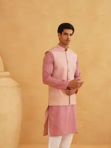 SOJANYA Floral Woven Design  Mandarin Collar Straight Kurta With Churidar & Nehru Jacket