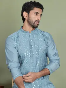 Jompers Ethnic Motifs Embroidered Mirror Work Mandarin Collar Straight Kurta