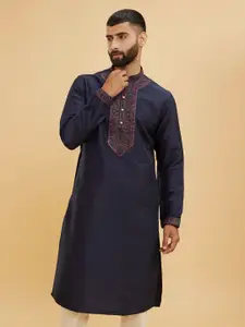 Manyavar Men Floral Embroidered Thread Work Mandarin Collar Art Silk Kurta With Churidar