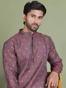 Jompers Ethnic Motifs Printing Woven Design Band Collar Kurta
