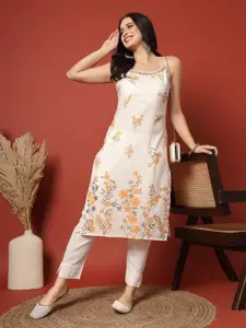 all about you Floral Embroidered Round Neck Straight Shaped Kurta