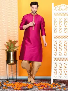 Larwa Men Floral Zari Embellished Mandarin Collar Straight Dupion Silk Kurta with Salwar