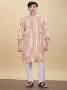 Anouk Orange Striped Band Collar Cotton Straight Kurta