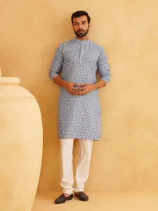SOJANYA Floral Printed Band Collar Cotton Linen Straight Kurta With Churidar