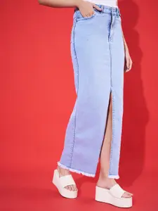 Purple Feather Straight Fit Long Denim Maxi Skirt