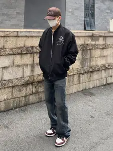 StyleCast Men Stand Collar Typography Printed Cotton Casual Bomber Jacket