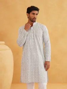 SOJANYA Chikankari Embroidered Band Collar Pure Cotton Straight Long Kurta