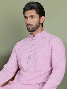 Jompers Floral Embroidered Sequinned Mandarin Collar Pure Cotton Straight Kurta