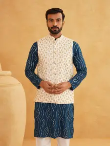 SOJANYA Leheriya Sequinned Band Collar Pure Cotton Kurta With Churidar And Nehru Jacket
