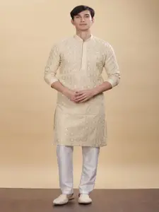 Anouk Beige Geometric Embroidered Sequins Mandarin Collar Cotton Straight Kurta