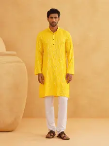 SOJANYA Leheriya Sequinned Band Collar Pure Cotton Straight Kurta With Churidar