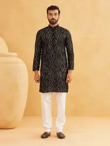 SOJANYA Woven Design Embroidered Sequinned Band Collar Pure Cotton Kurta With Pyjama