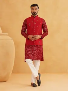 SOJANYA Geometric Sequinned Band Collar Pure Cotton Kurta With Churidar And Nehru Jacket