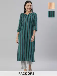 KALINI Selection Of 2 Striped Printed Notch Neck Pure Cotton Straight Kurta
