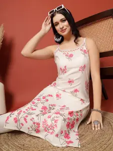 all about you Floral Embroidered Mirror Work Round Neck Straight Kurta