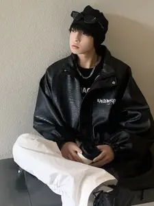 StyleCast Men Mock Collar Self Design Casual Leather Jacket