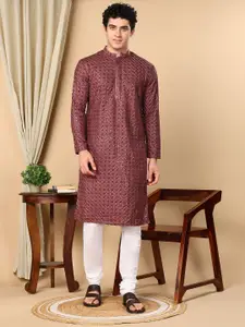 TATTVA Floral Embroidered Sequinned Mandarin Collar Straight Kurta