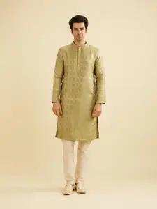 Manyavar Men Floral Woven Designs Mandarin Collar Straight Kurta With Pyjamas