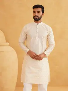 SOJANYA Geometric Embroidered Band Collar Pure Cotton Straight Long Kurta