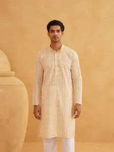 SOJANYA Floral Embroidered Sequinned Band Collar Pure Cotton Kurta With Churidar