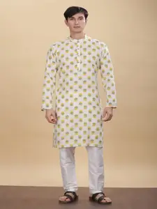 Anouk Off-White Ethnic Motifs Printed Band Collar Cotton Straight Kurta