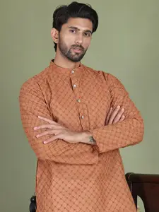 Jompers Geometric Embroidered Chikankari Band Collar Pure Cotton Straight Kurta & Pyjama