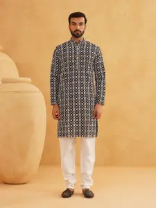 SOJANYA Floral Embroidered Sequinned Band Collar Pure Cotton Kurta With Churidar